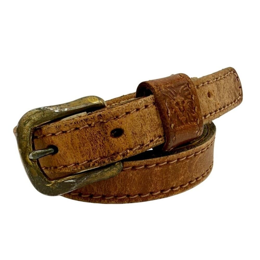 Anne Klein Tan Leather Belt Brass Buckle Size S Vintage USA Made Casual Preppyc